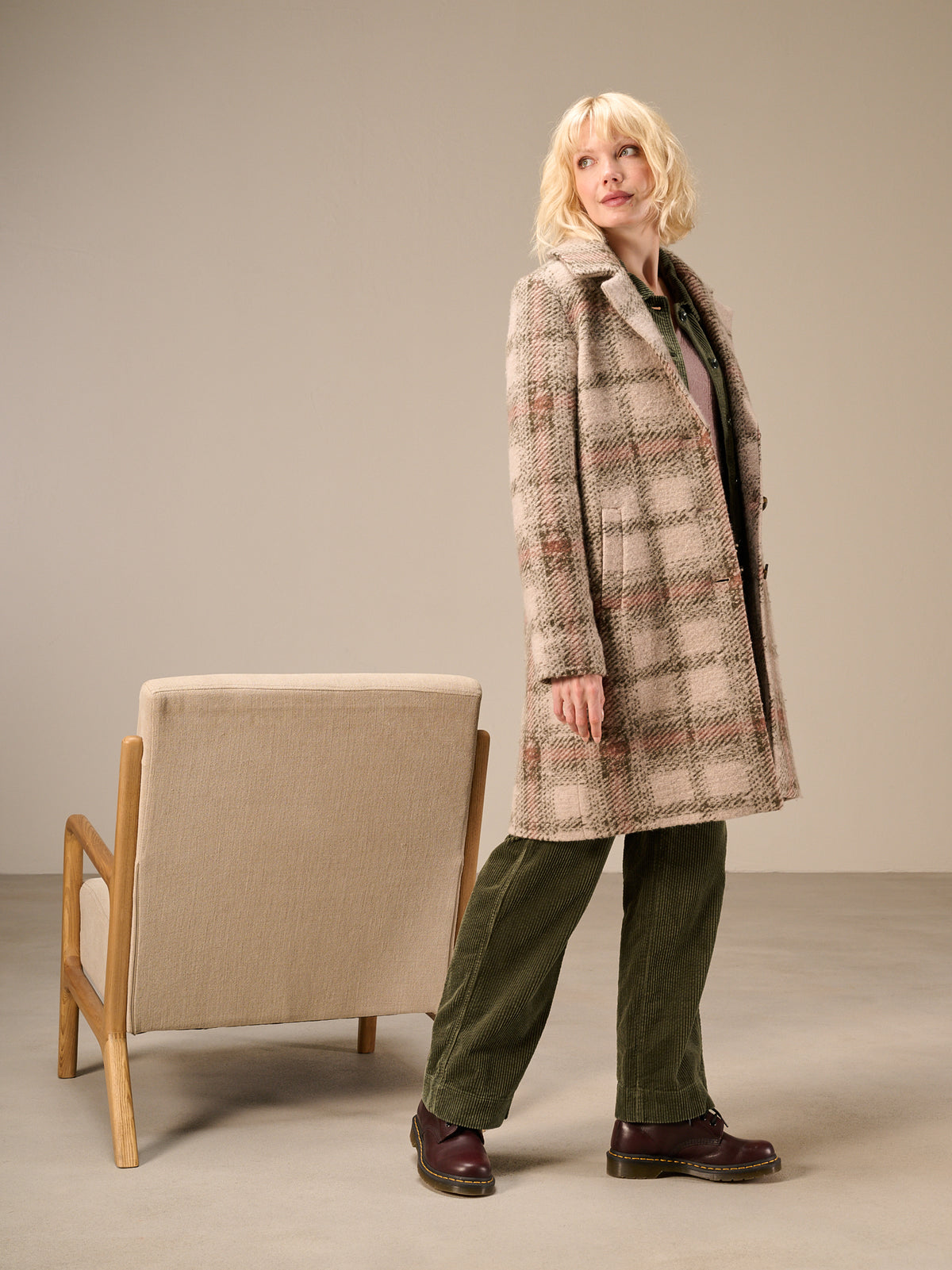 Coat with check pattern