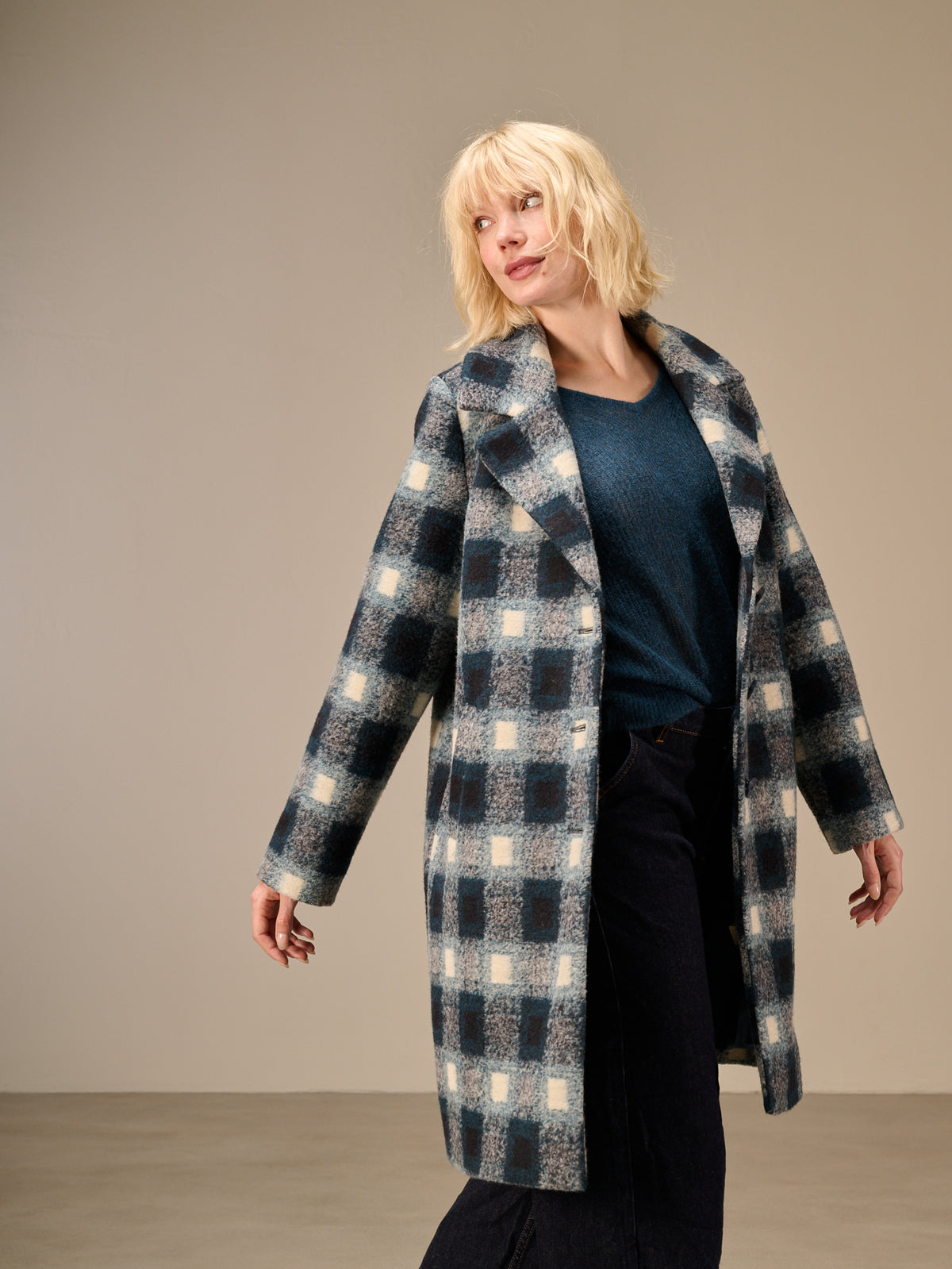 Coat with check pattern