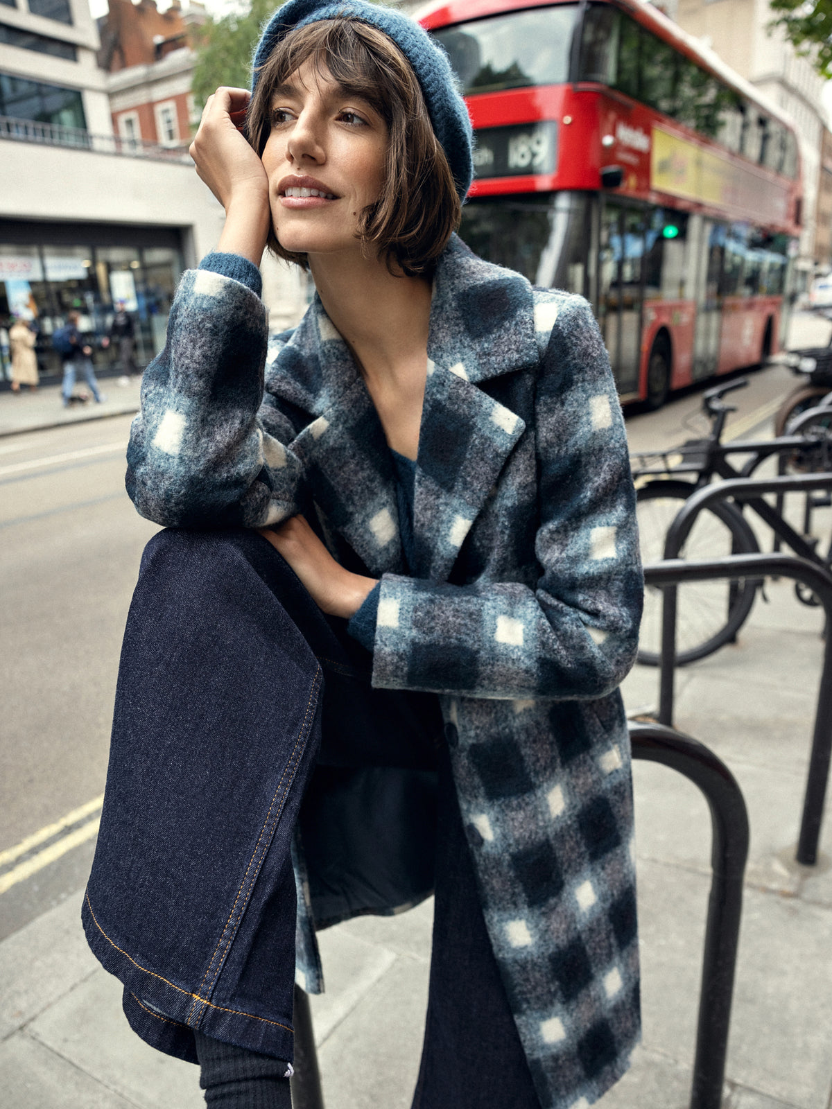 Coat with check pattern
